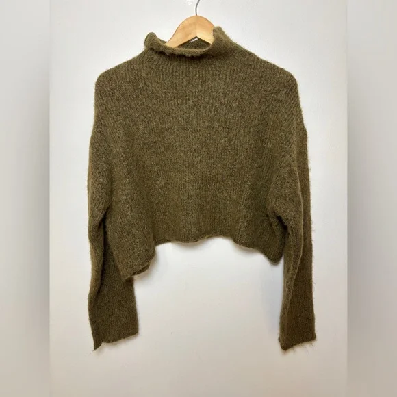 Zara alpaca woll blend cropped relaxed turtleneck sweater olive 90s size medium - Picture 4 of 6